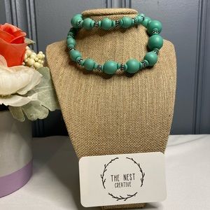 Vintage Light Teal Wooden Beaded Necklace